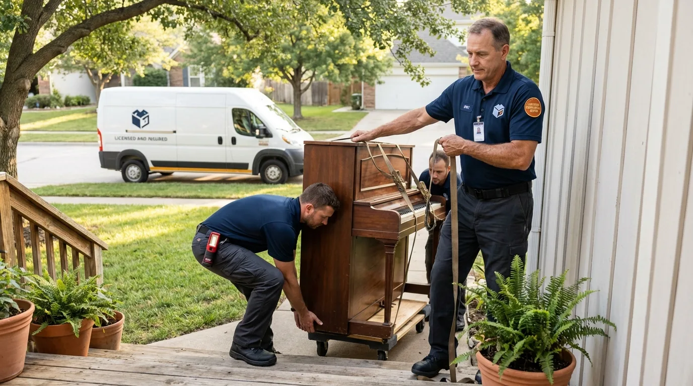 Licensed piano movers securing grand piano in Glen Ridge, NJ