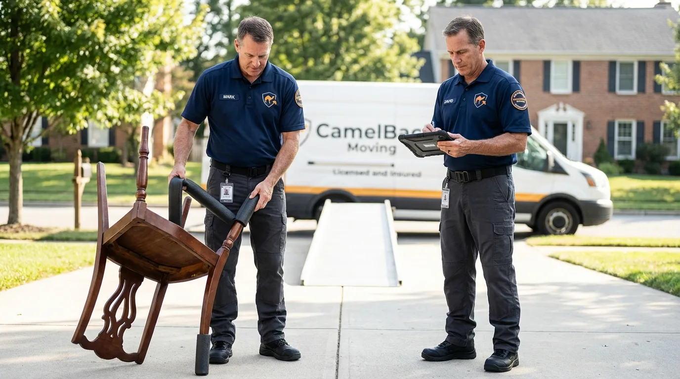 Movers inspecting furniture for damage prevention before loading in Glen Ridge, NJ