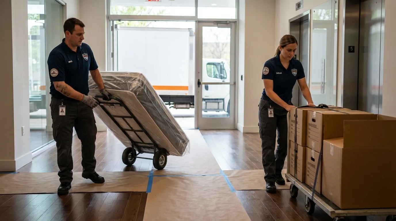 Professional apartment movers loading elevator in Glen Ridge, NJ