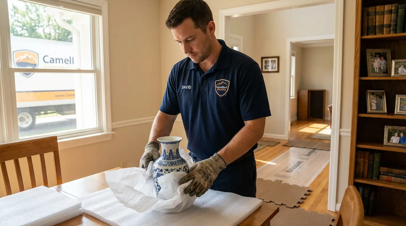 Professional crew carefully wrapping antique vase for senior downsizing move in Glen Ridge, NJ